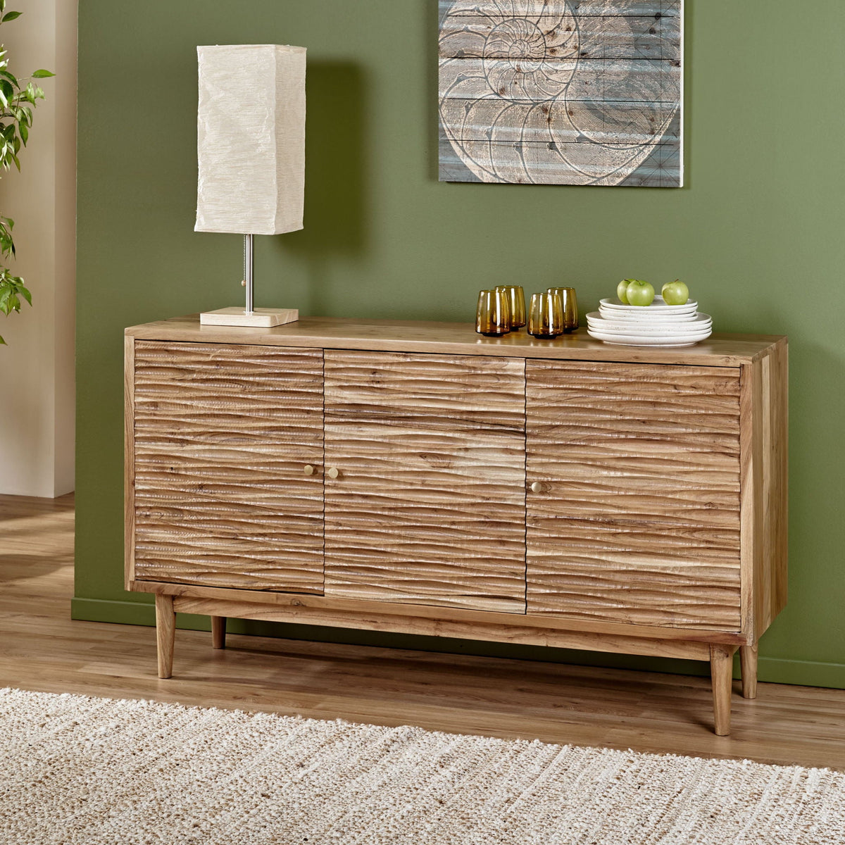 Boho Handcrafted 3 Door Sideboard, Carved Texture & Artisanal Charm - Natural