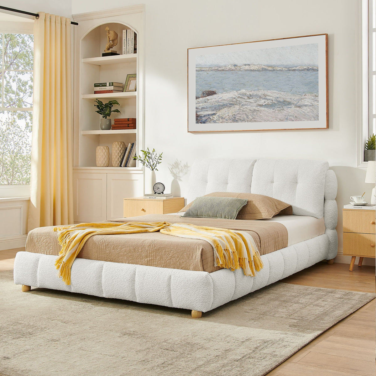 Platform Bed with Tufted Cloud Headboard and Solid Wood Legs - Beige