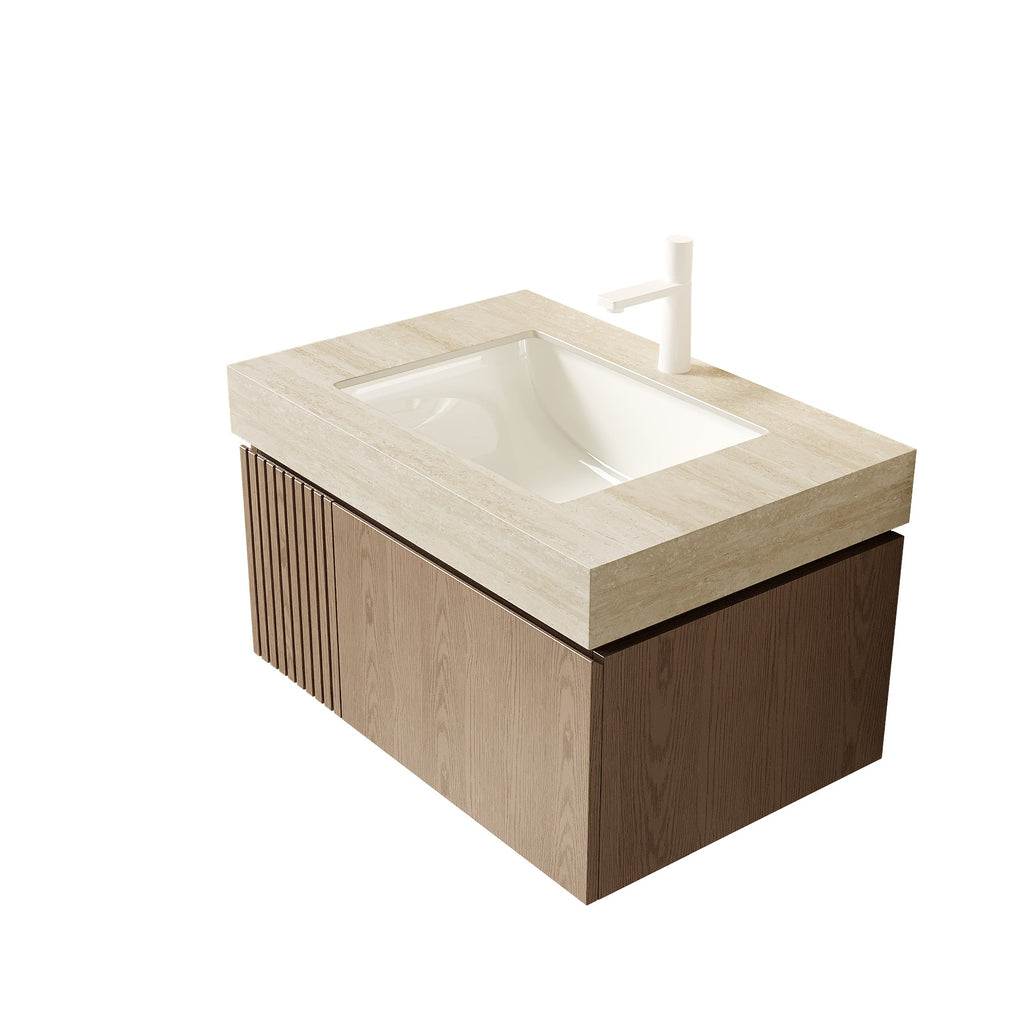30" Floating Bathroom Vanity with Travertine Stone Top and Soft-Close Drawer - Roma Travertine