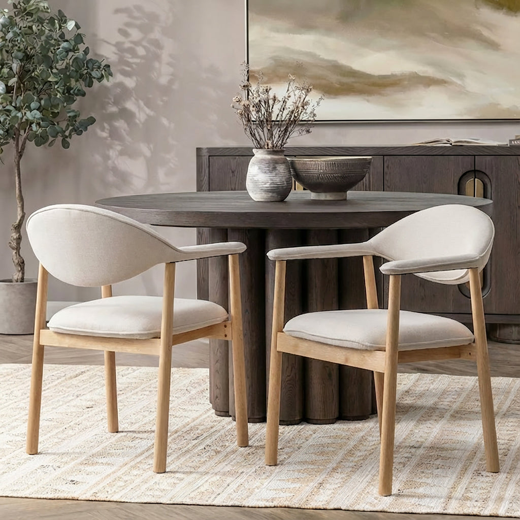 Upholstered Dining Chairs with Curved Back - Fabric and Rubber Wood - Beige or Natural