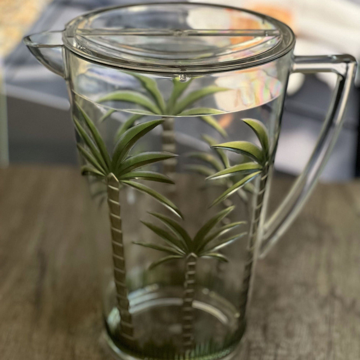 Unbreakable Plastic Water Pitcher With Lid, Palm Tree Design - Clear