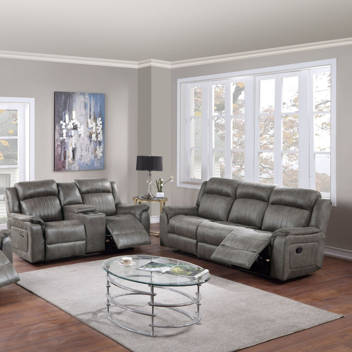 Contemporary Living Room Set with Manual Recliners - Dark Gray