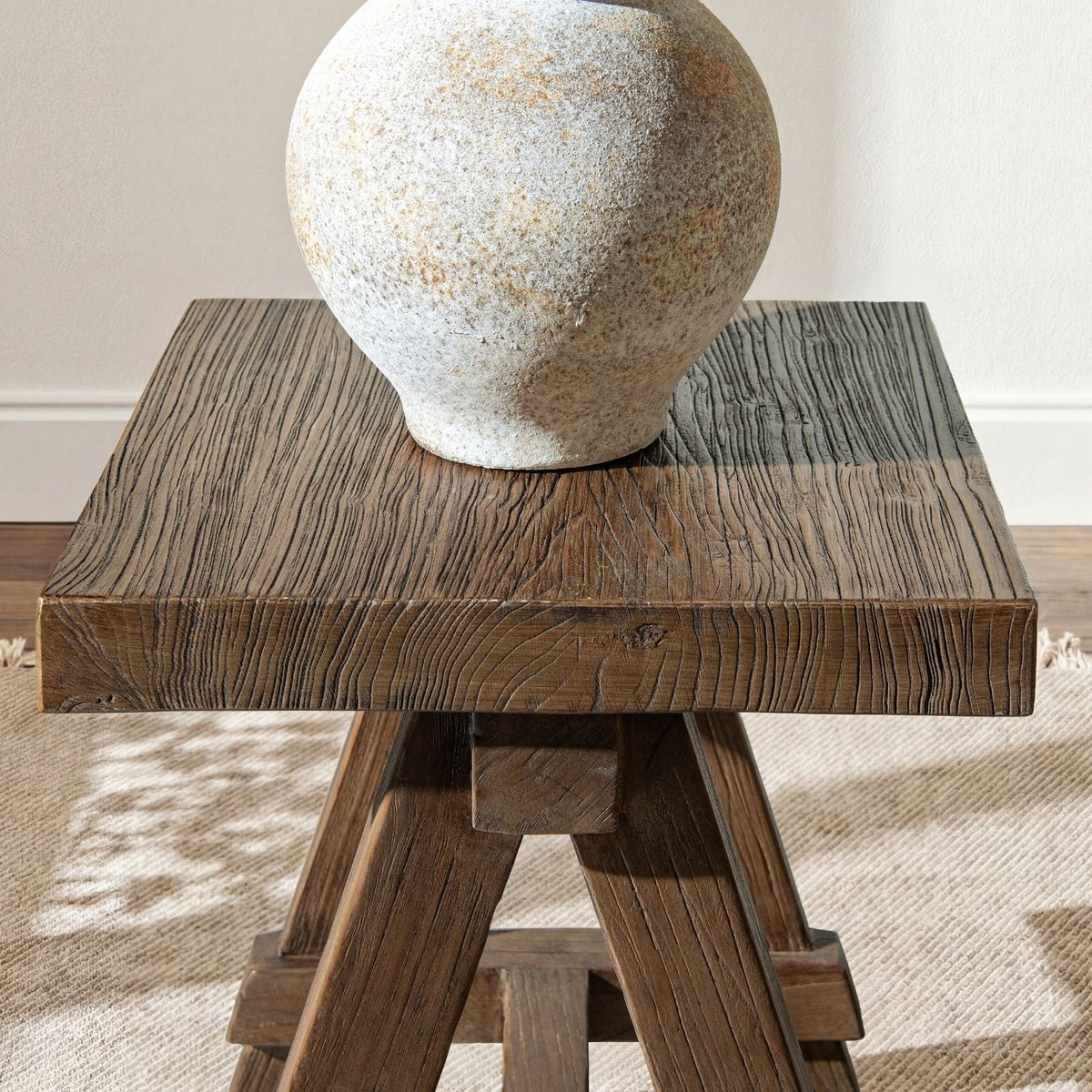 Trestle Coffee Table with Solid Reclaimed Elm Construction - Dark or Light Brown