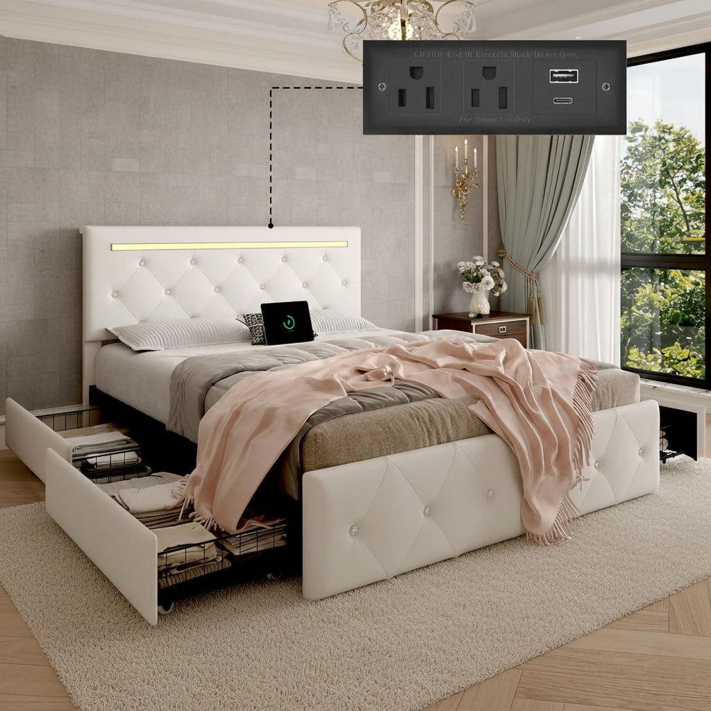 Upholstered Storage Bed Frame with LED Lights and Drawers – White or Black