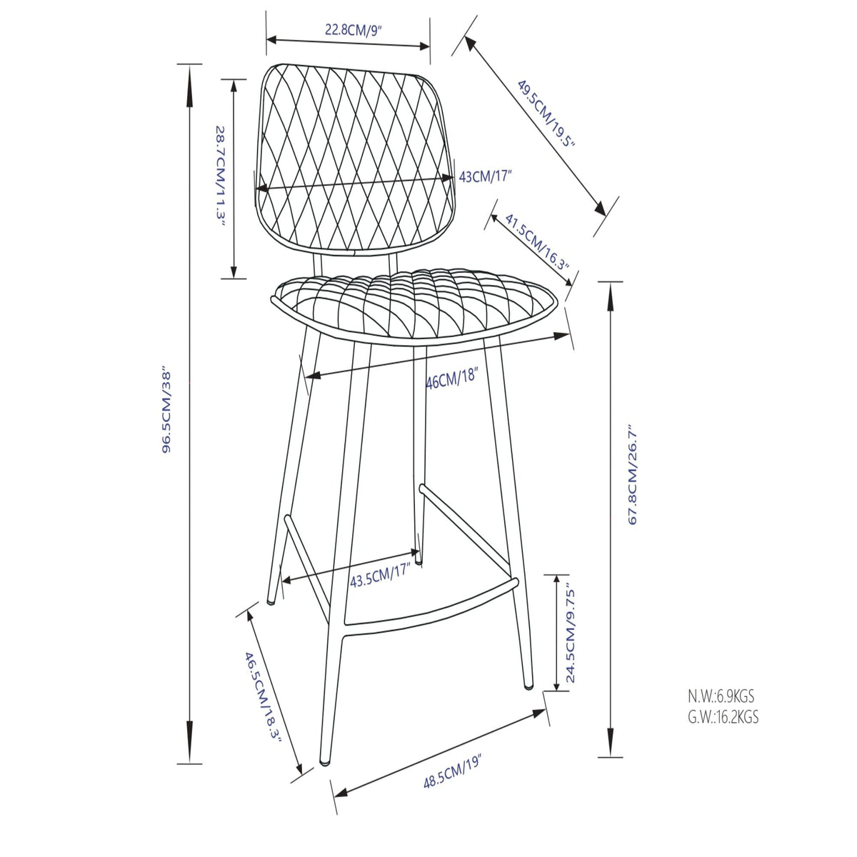 Upholstered Counter Height Stool Set with Quilted Seat – Black or Dark Gray