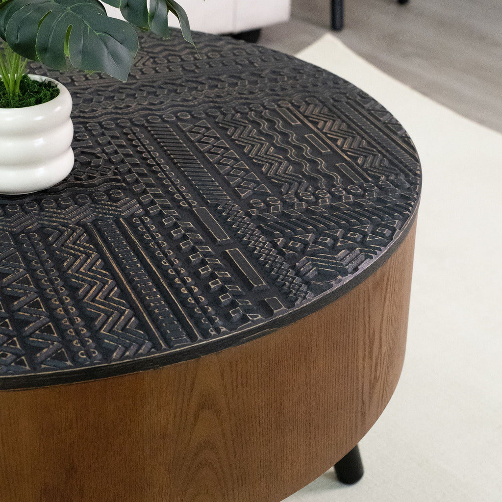 Round Coffee Table with Storage Function - Carved Wood Top - Dark Brown or Black