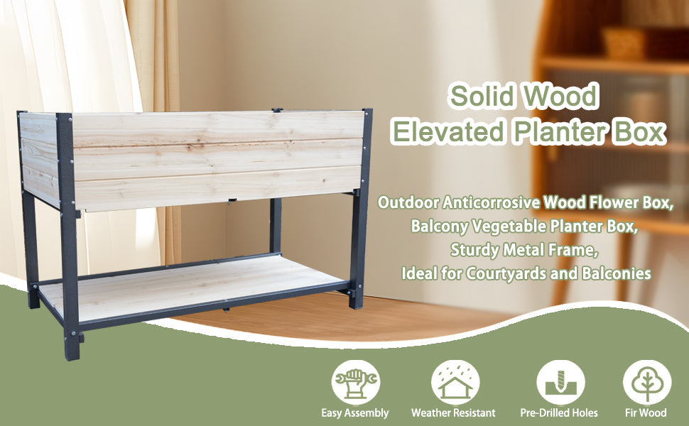 Solid Wood Raised Garden Bed with Iron Frame - Natural Wood