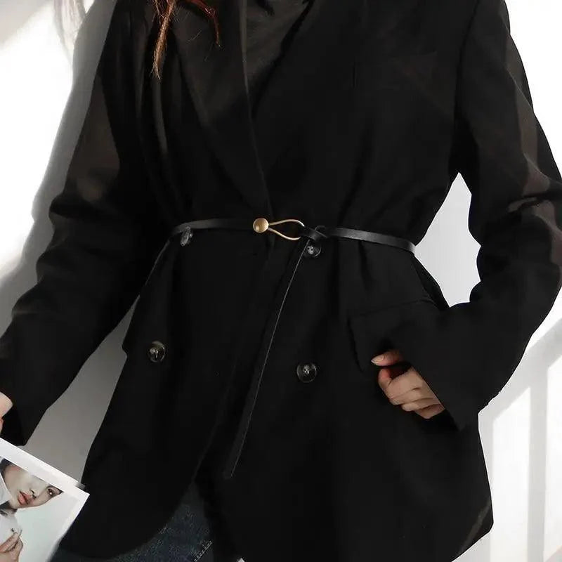 Elegant Leather Adjustable Thin Belt For Women Unique Black Design Ladies Belt High Quality Charming Waistbands For Dress
