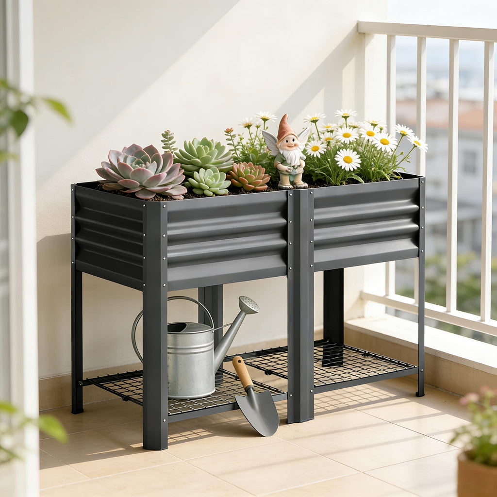 Elevated Steel Patio Planter Box with Bottom Shelf - Dark Gray