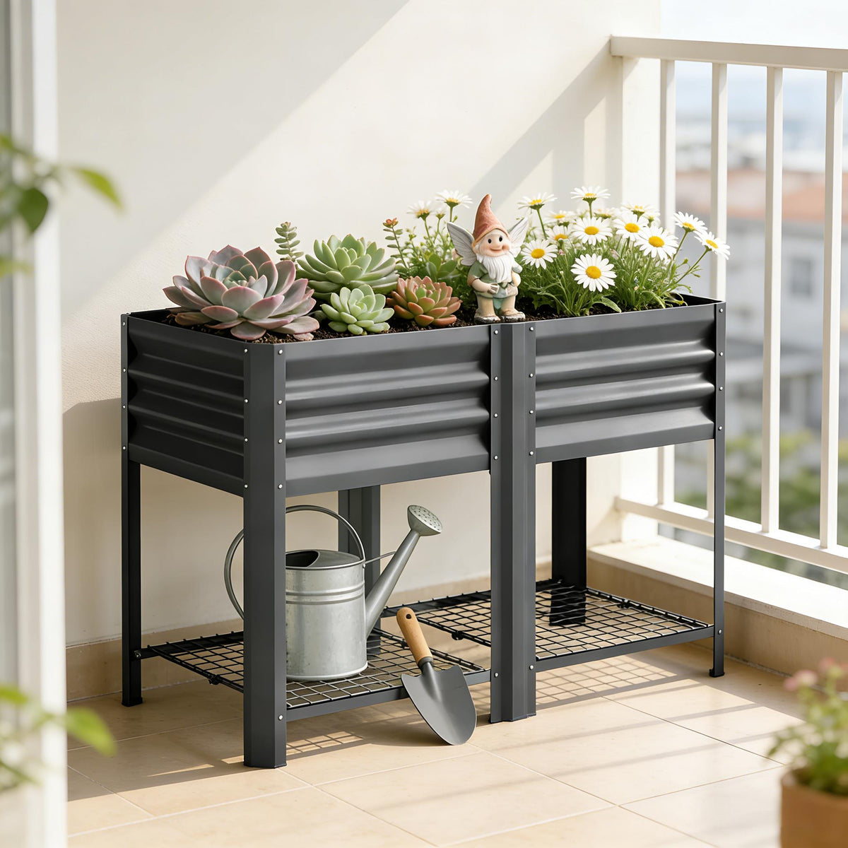 Elevated Steel Patio Planter Box with Bottom Shelf - Dark Gray