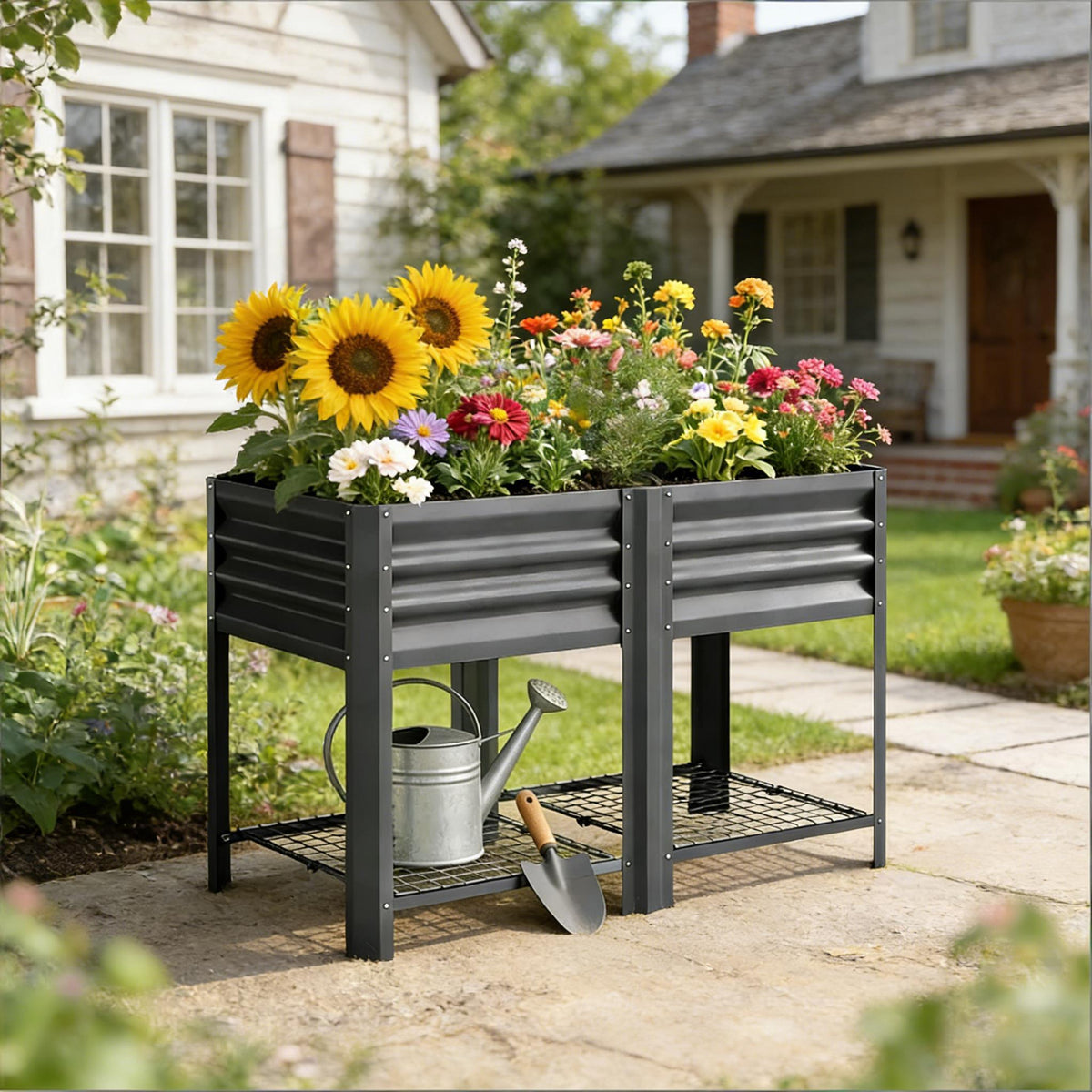 Elevated Steel Patio Planter Box with Bottom Shelf - Dark Gray