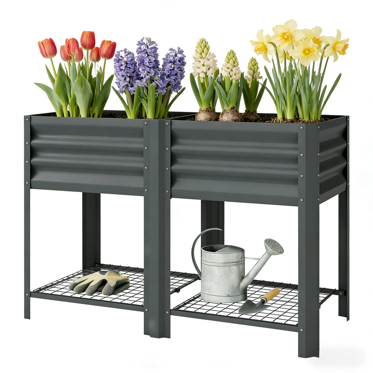 Elevated Steel Patio Planter Box with Bottom Shelf - Dark Gray