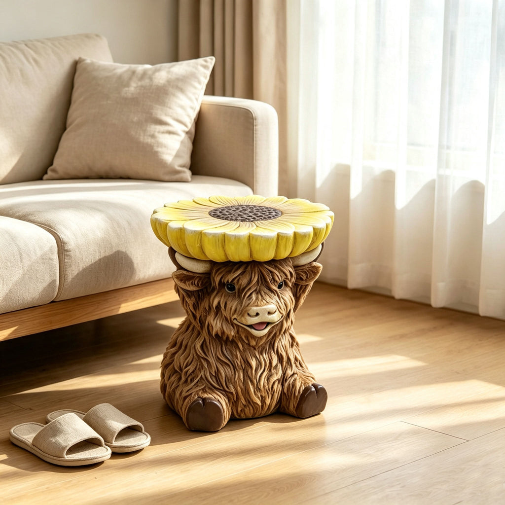 Highland Cow Stool with Sunflower Top - Resin Farmhouse Stool