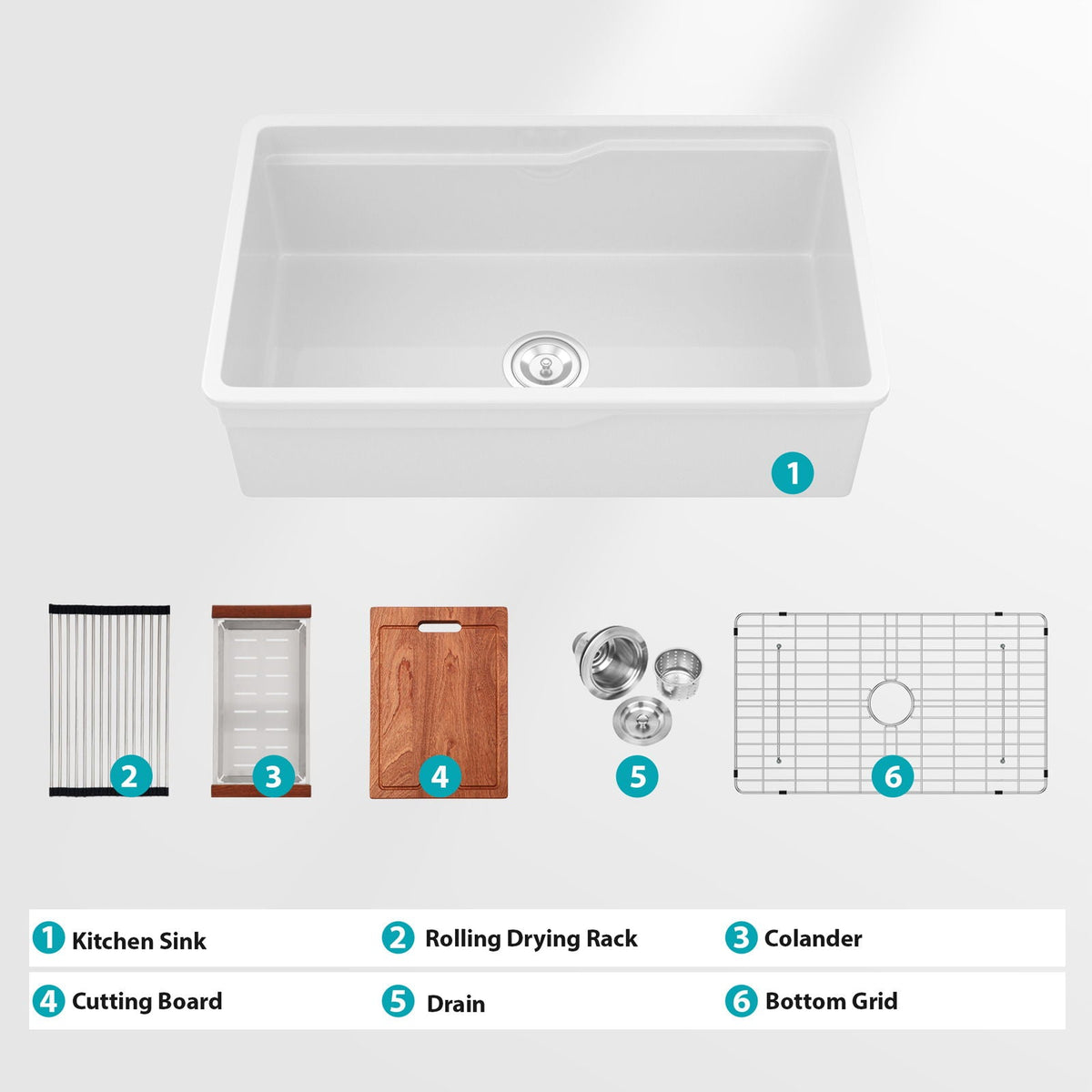 Porcelain Undermount Workstation Single Bowl Kitchen Sink – White