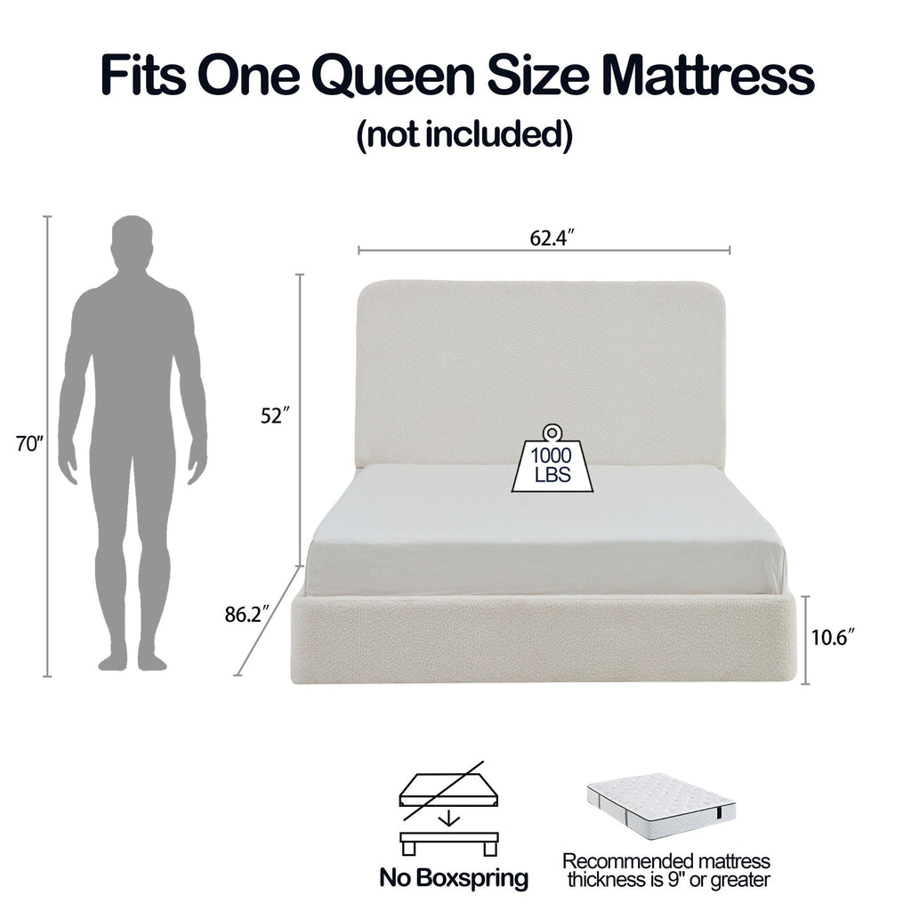 Tall Headboard Upholstered Bed with Metal Frame - King, White