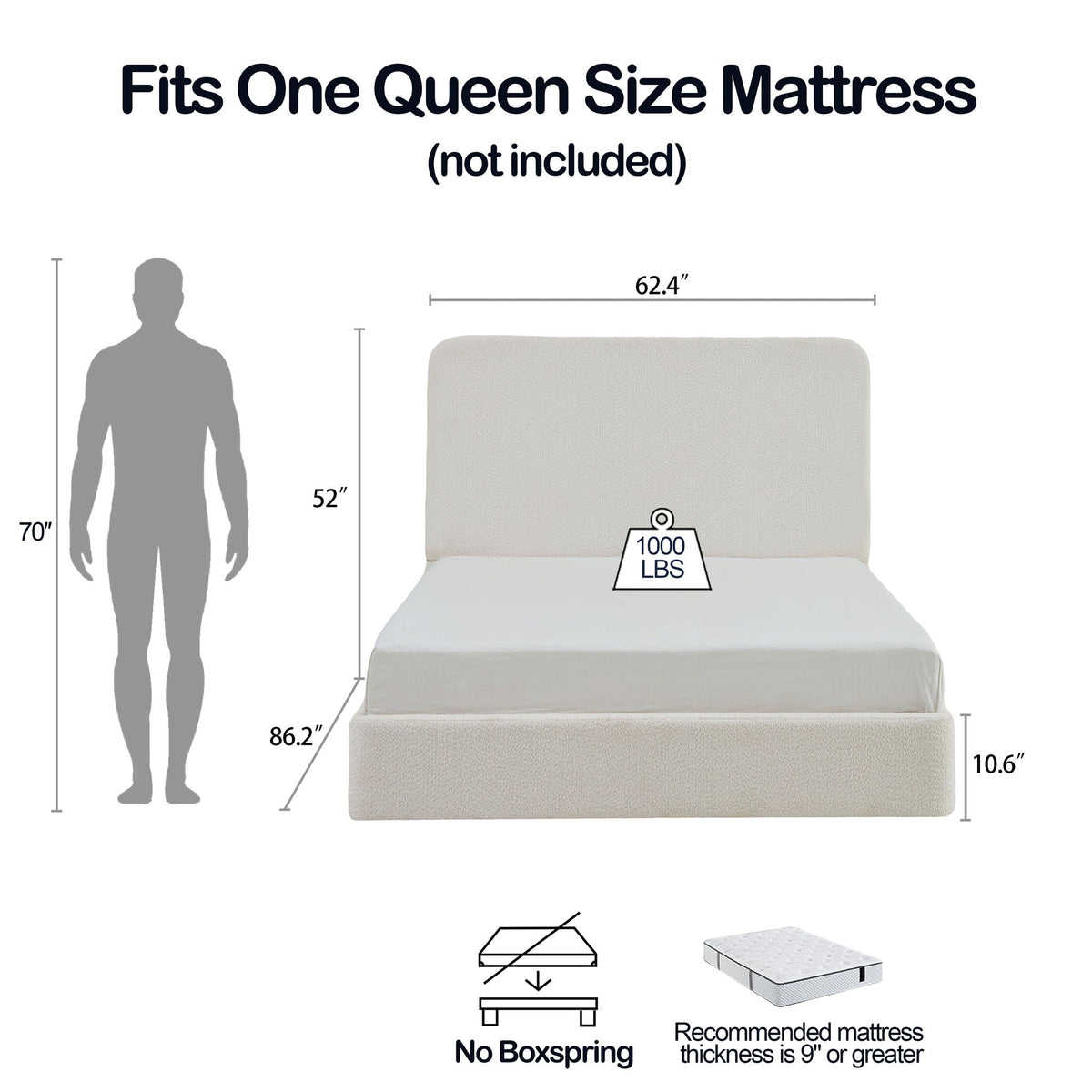Tall Headboard Upholstered Bed with Metal Frame - King, White