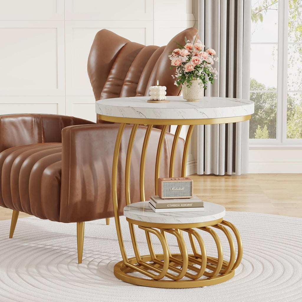 Round Vintage End Table with 2 Tier Storage - Dark Brown, Light Brown, White
