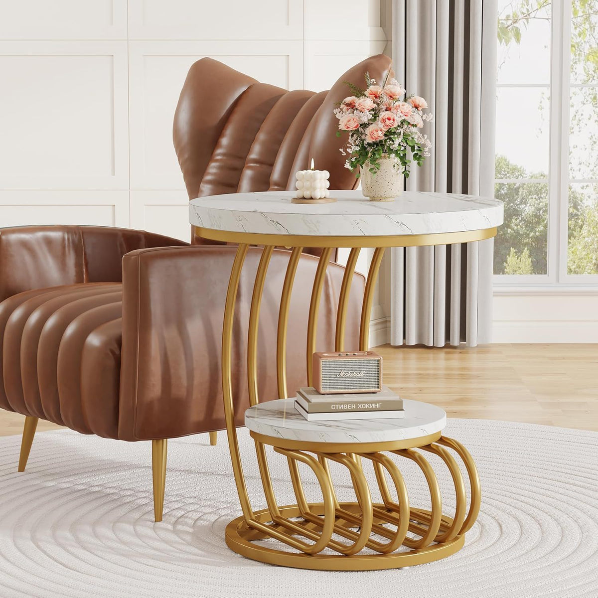 Round Vintage End Table with 2 Tier Storage - Dark Brown, Light Brown, White