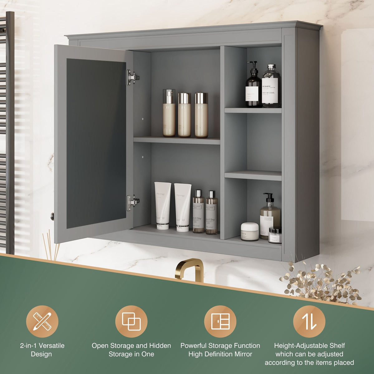 Wall Mounted Medicine Cabinet With Mirror, Storage Cabinet Featuring 6 Open Shelves And Adjustable Interior