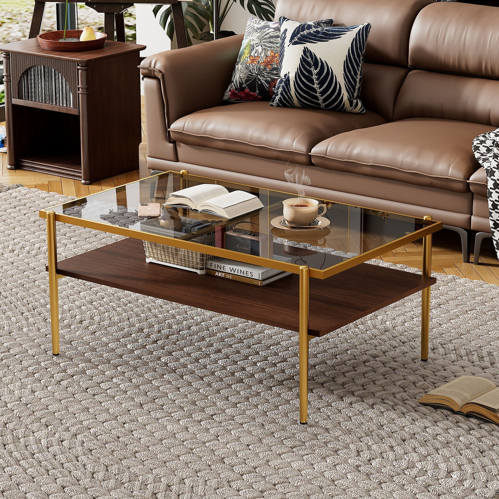 Rectangular Coffee Table with Tempered Glass Top and Metal Legs - Black, Dark Brown, or White