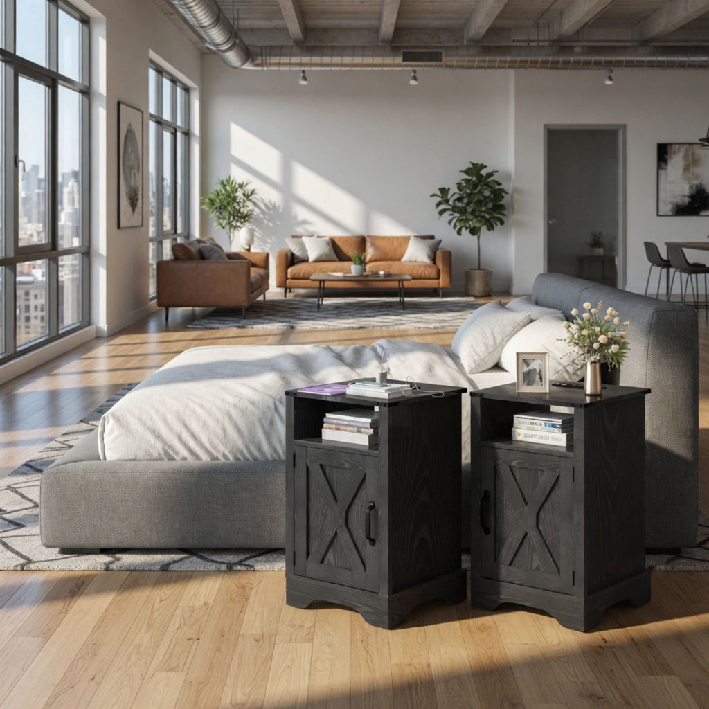 Farmhouse Nightstand with Charging Station & Storage - Multiple Colors