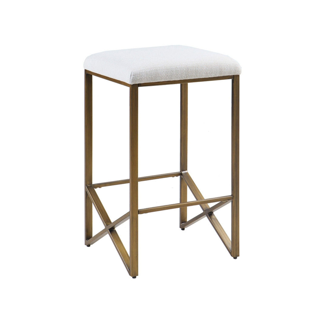 Ivory Backless Upholstered Counter Stool with Padded Seat - Bronze Base