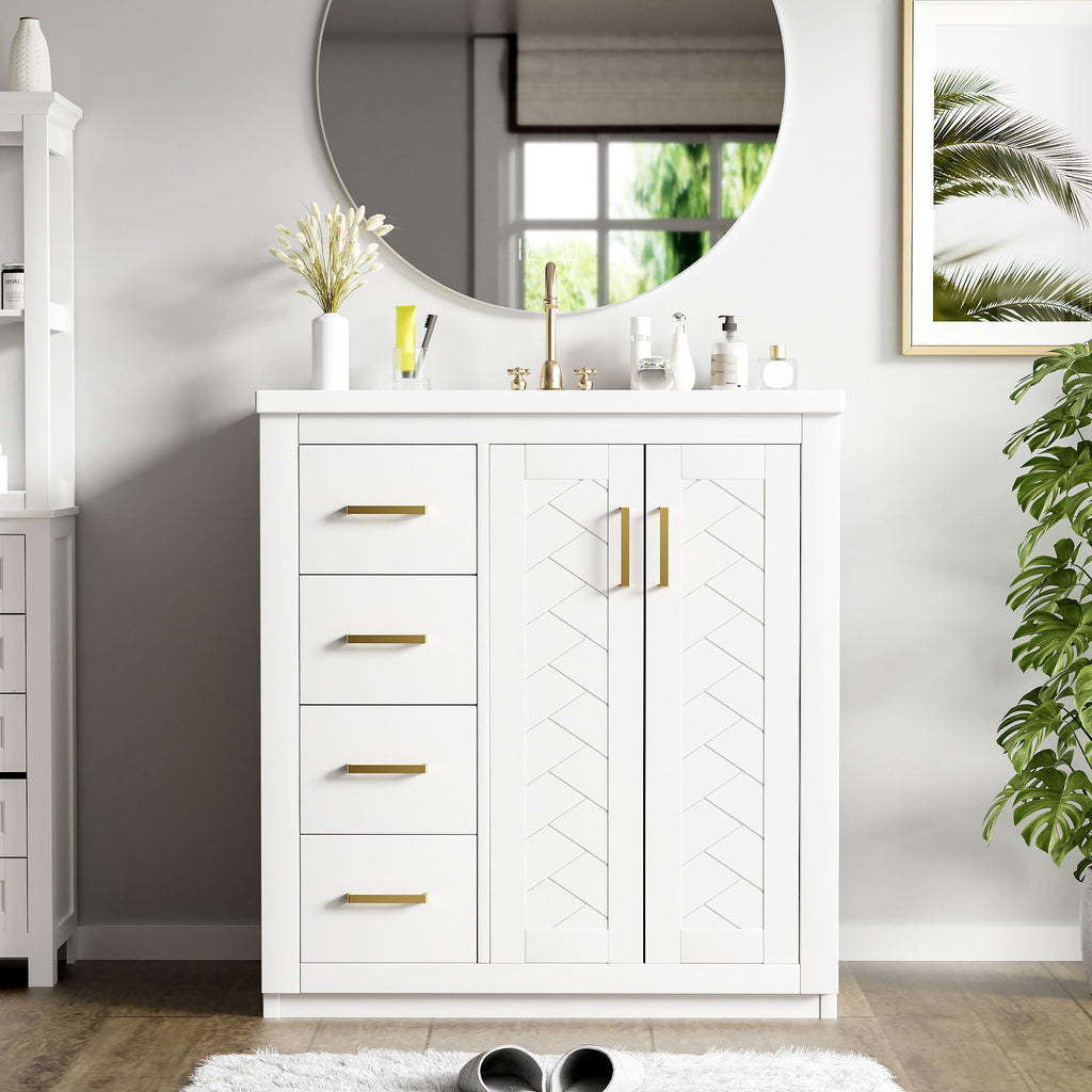Ceramic Sink Vanity Combo with 3 Drawers and Soft Closing Doors - 30"