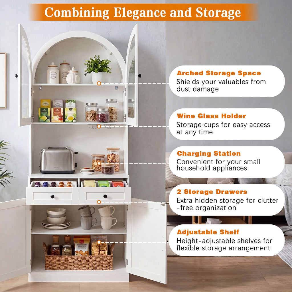 75" Farmhouse Tall Arched Pantry Cabinet with Charging Station - Oak or White