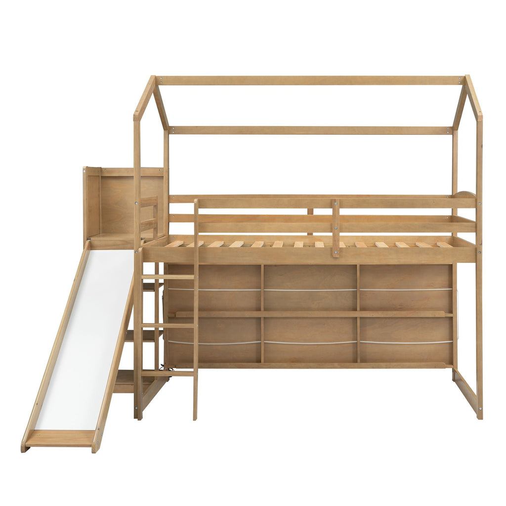 House Loft Bed with Slide and Storage Shelves - Twin with Light