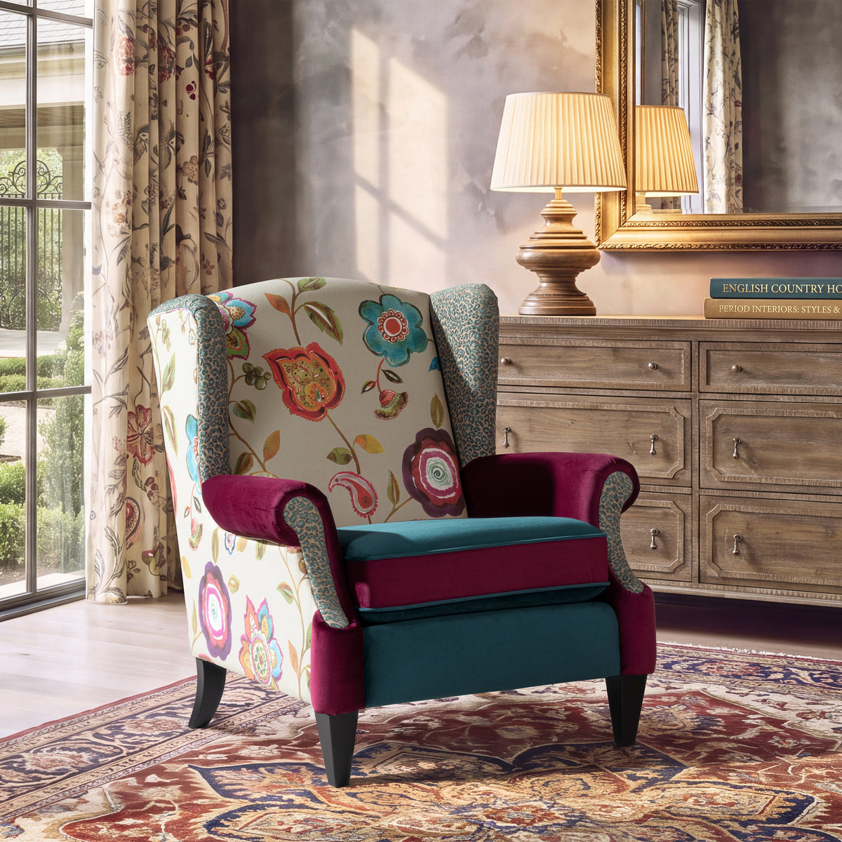Anya Boho Chic Wingback Accent Arm Chair with Floral Print - Blue or Teal Multi