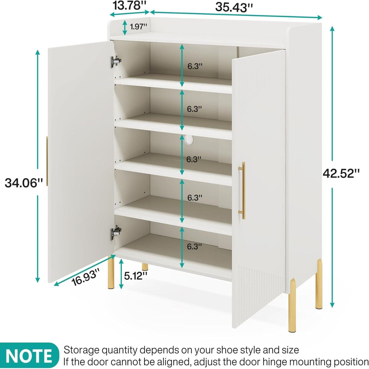 6 Tier Entryway Shoe Cabinet with Doors - Wood & Metal - Light Brown or White