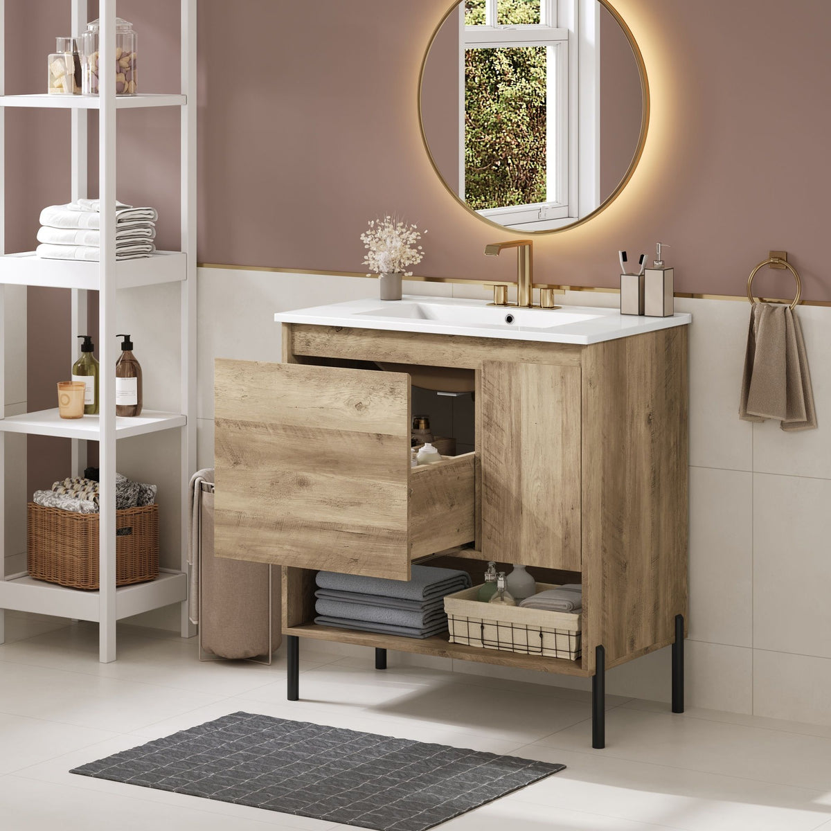 Bathroom Vanity Cabinet With Sink - Natural Wood