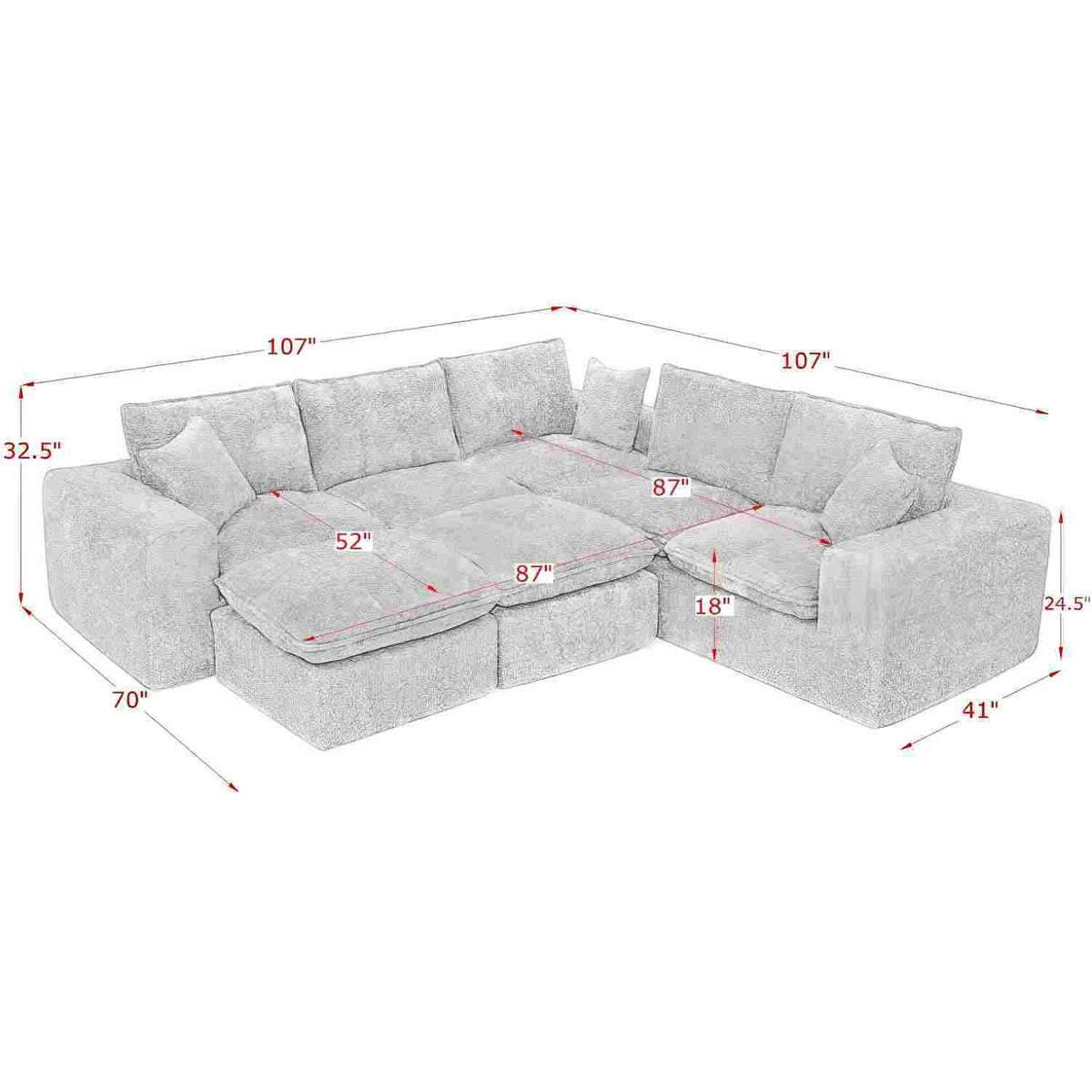 Sectional Sofa with Moveable Ottoman and Modular Design - Multiple Colors