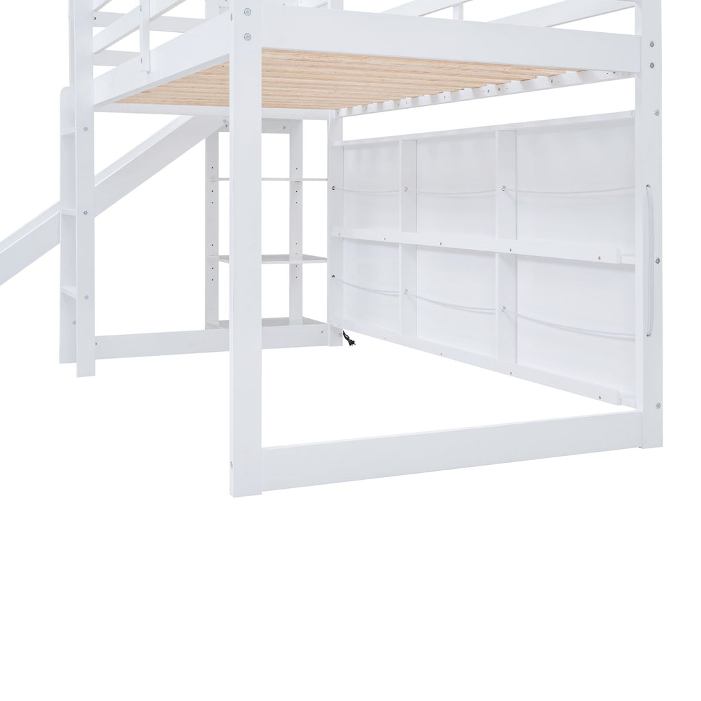 House Loft Bed with Slide and Storage Shelves - Twin with Light