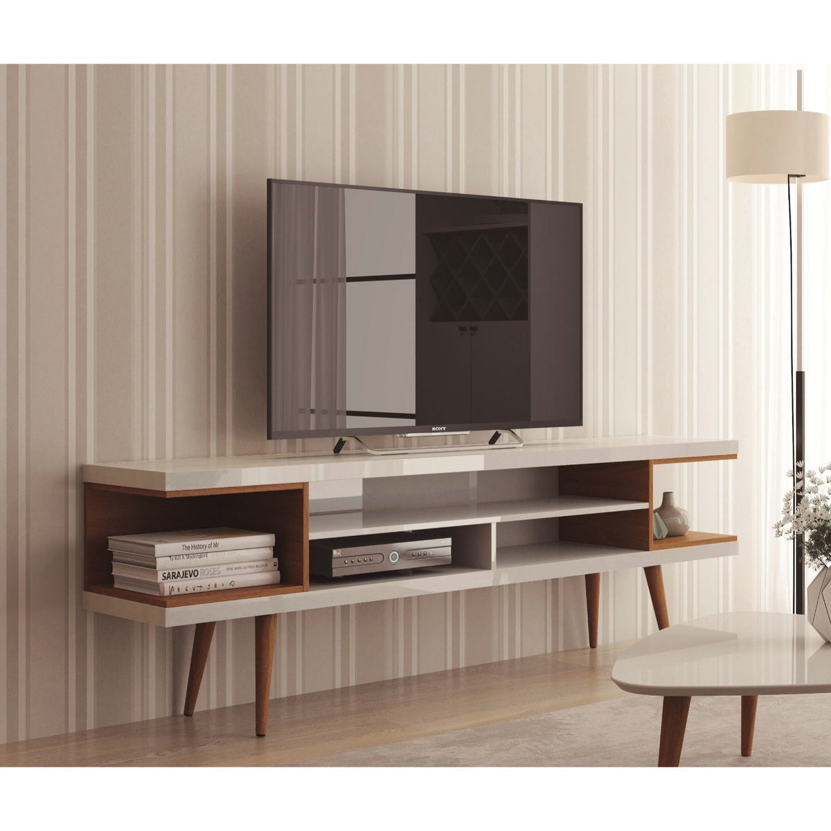Mid-Century Modern TV Stand with Adjustable Storage - White