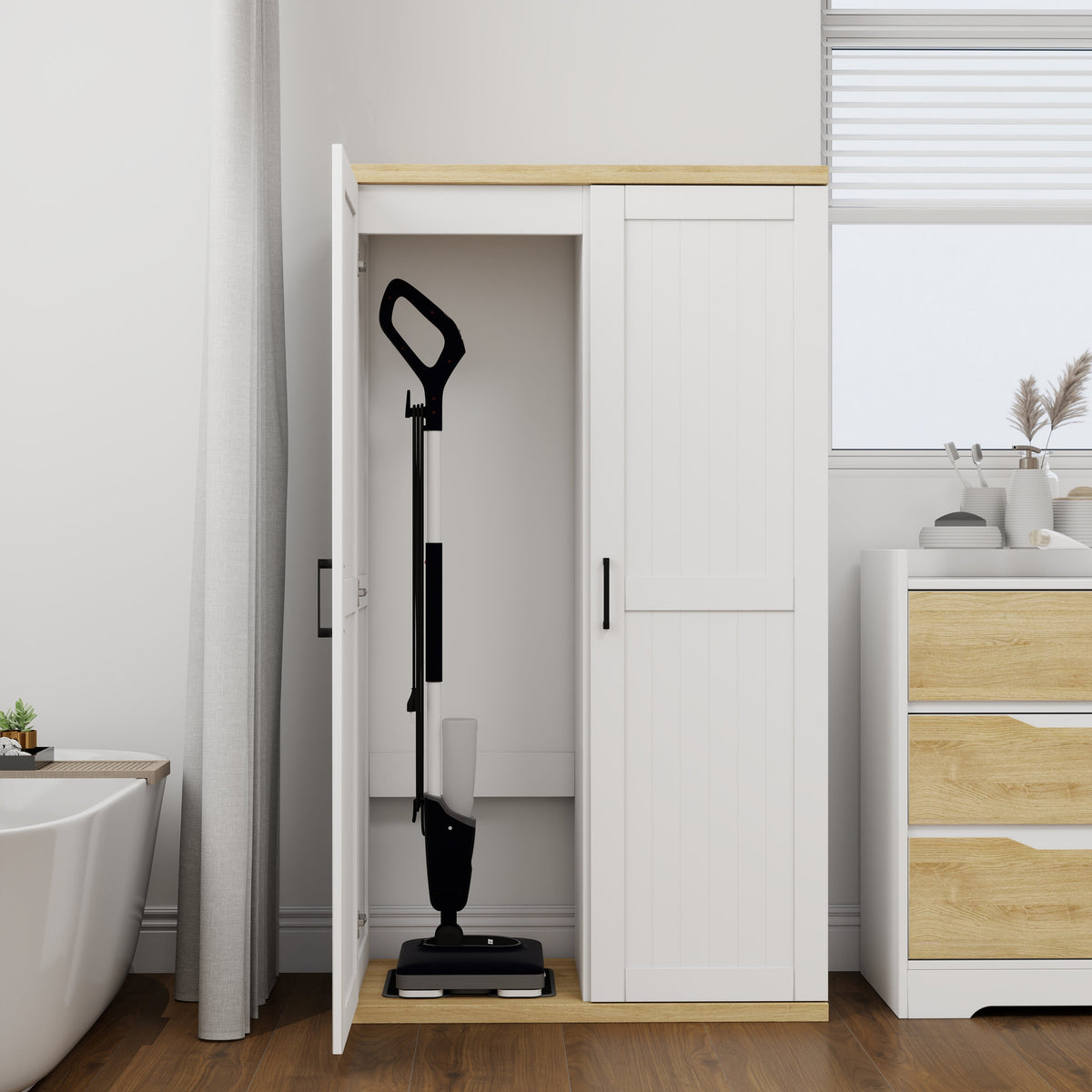 Tall Wooden Vacuum Storage Cabinet with Adjustable Shelf - White