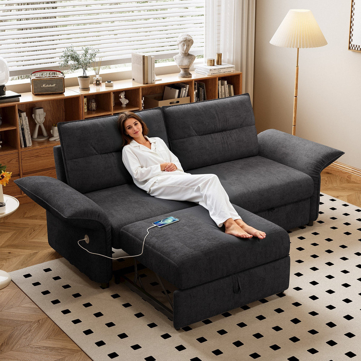 Grey Multifunctional Sofa Bed with Convertible 85-Inch Design - Plush Fabric