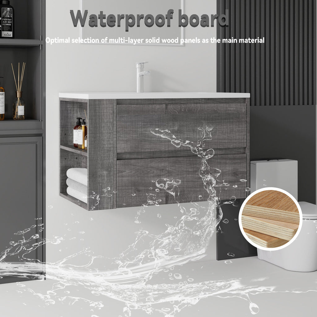 36 Inch Floating Bathroom Vanity with Ceramic Sink and Soft-Close Doors - Multiple Colors