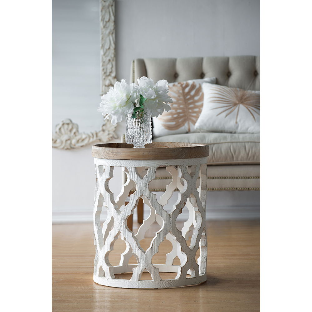 Rustic Round Wooden Side Table with Lattice Detail - Light Brown