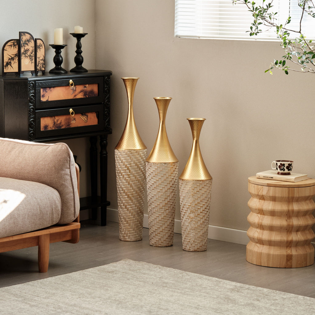 Champagne Floor Metal Vase 3-Piece Set with Woven Pattern - Modern Style