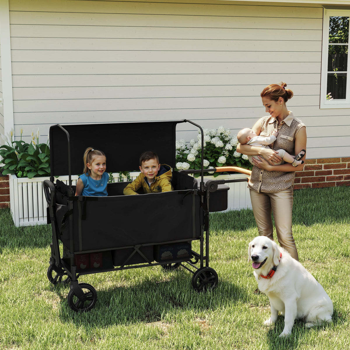 Wagon Stroller for 2 Kids with Adjustable Canopy and All-Terrain Wheels