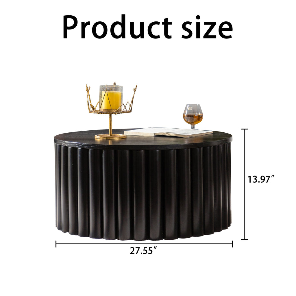 Round Coffee Table with Lift and Handcrafted Relief - Black or Walnut