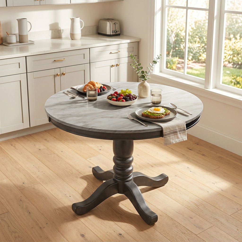 Gray Faux Marble Dining Table with Solid Wood Legs - Gray