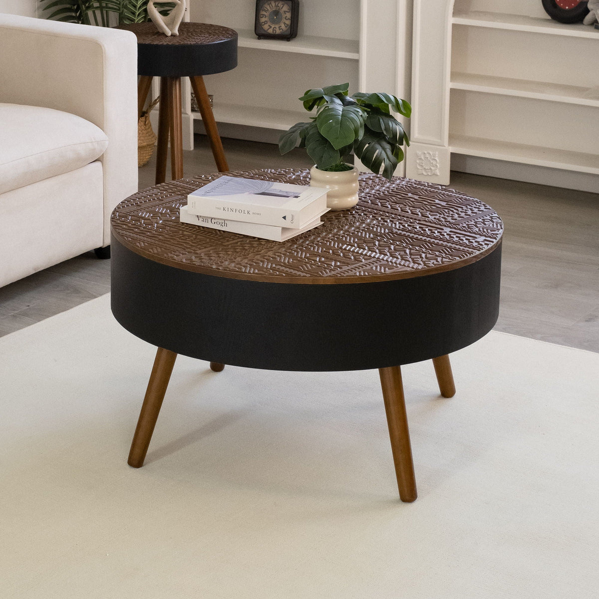 Round Coffee Table with Storage Function - Carved Wood Top - Dark Brown or Black