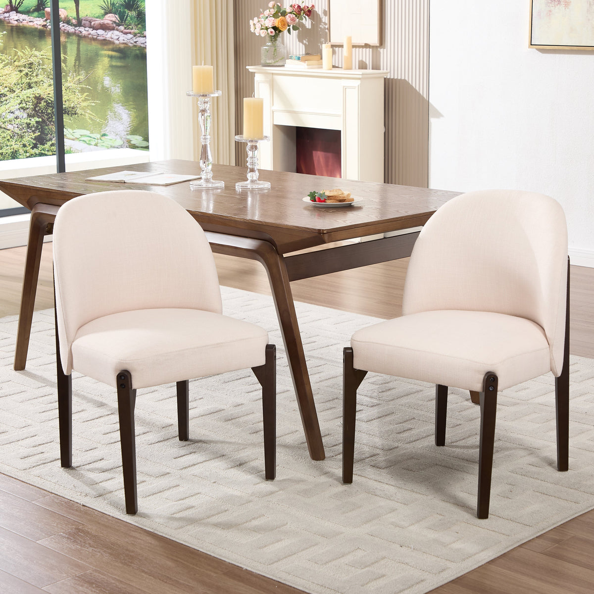 Wooden Dining Chairs Set of 2 with Fabric Upholstery - Beige