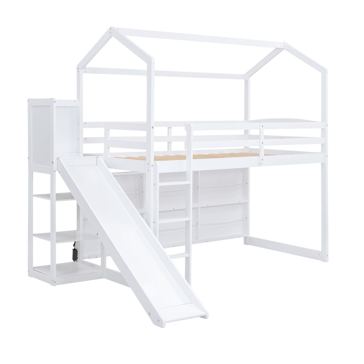 House Loft Bed with Slide and Storage Shelves - Twin with Light