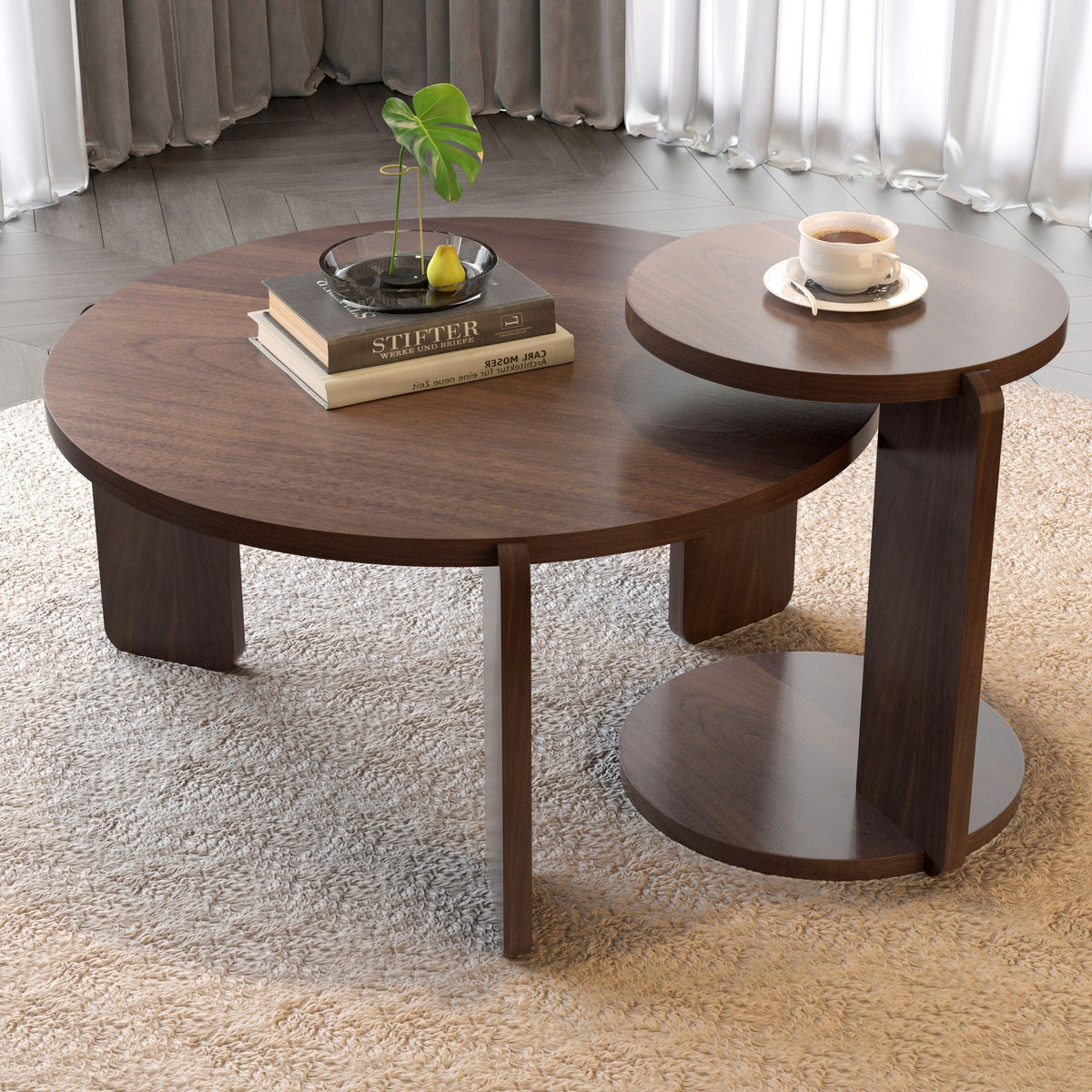 Round Coffee & End Table Set with Faux Marble & Wood Top - White, Black, or Dark Brown