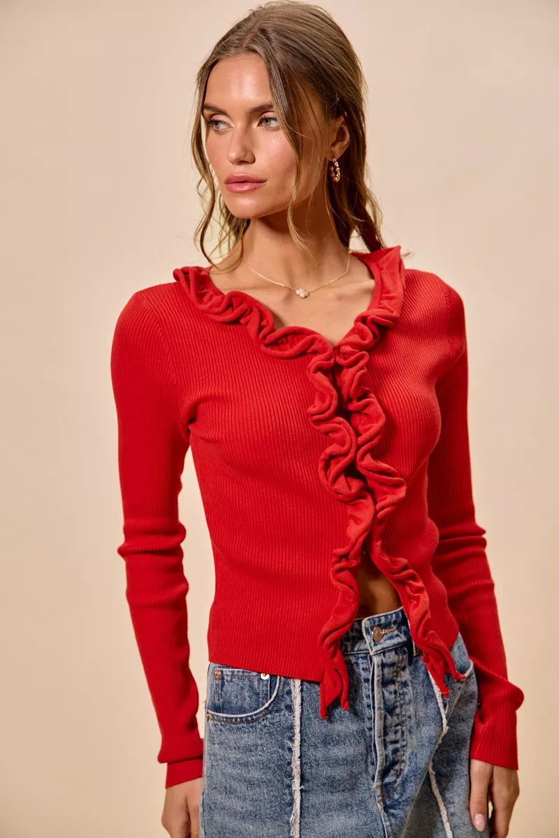 SO ME Cascade Ruffle Ribbed Sweater Cardgian