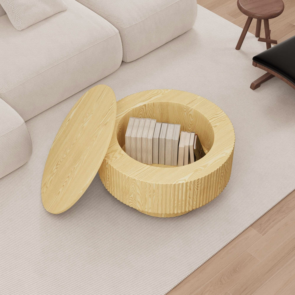 Modern Circular Coffee Table with Stripe Design and Storage Space - Light Brown or Dark Brown