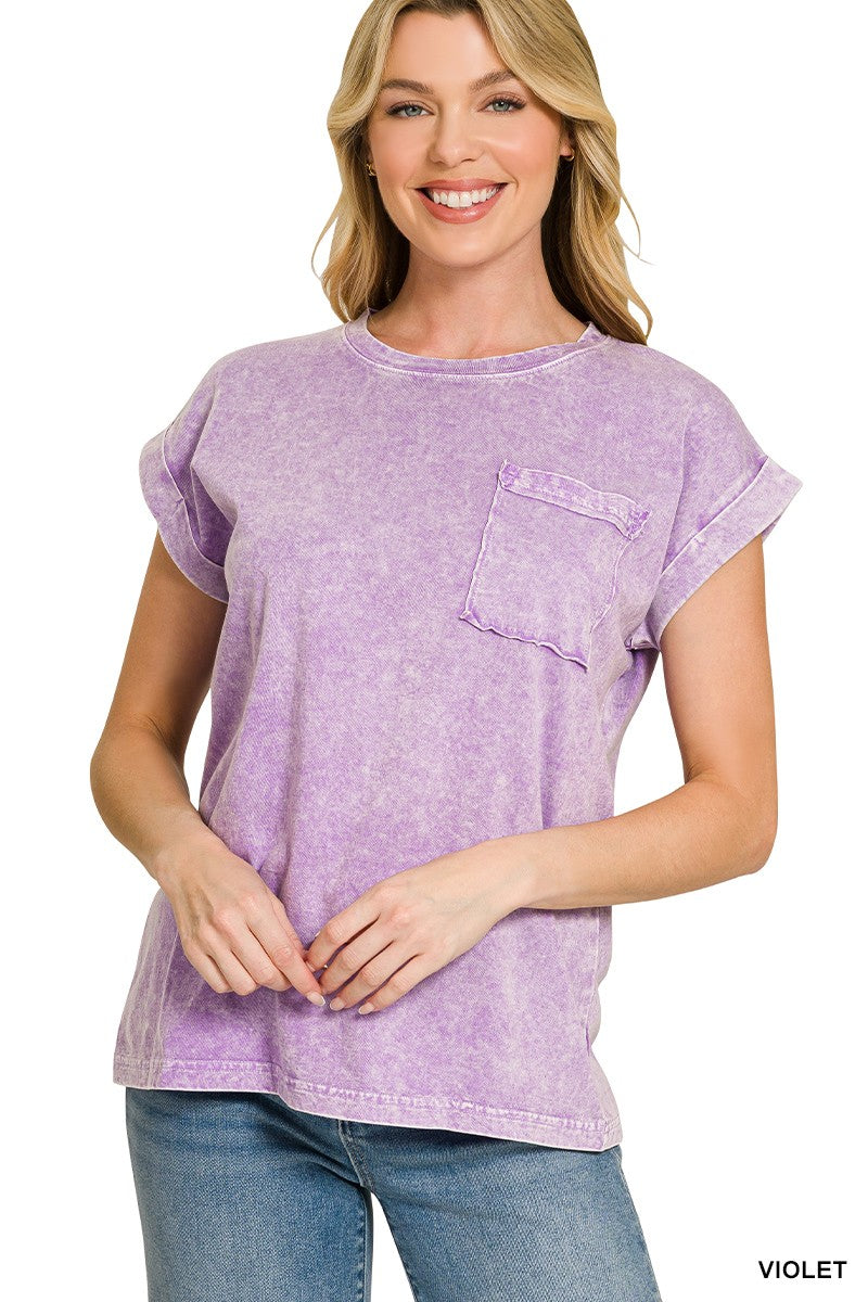Zenana Halo Snow Washed Cuffed Short Sleeve Tee
